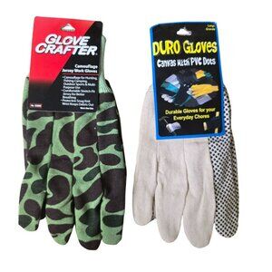 2 Pairs Men’s Work Gloves – Camouflage Jersey Camo & Canvas with PVC Dots NEW